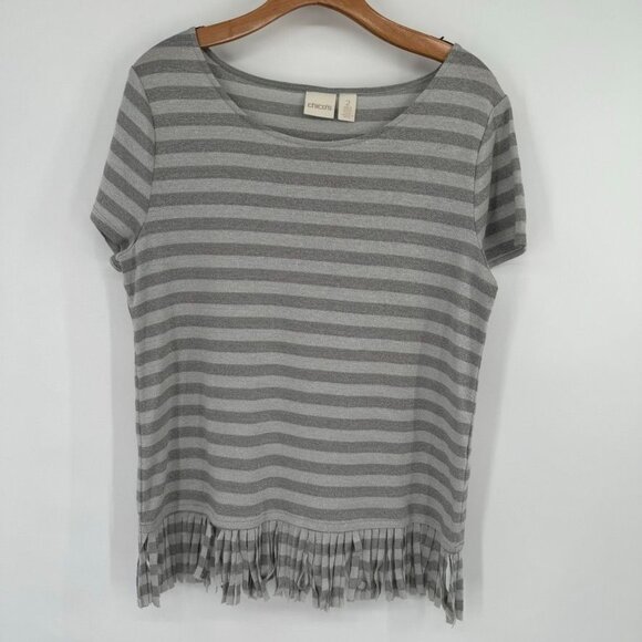 Chicos 2 Womens Size large Gray metallic Striped Short Sleeve Top fringed Hem - Picture 2 of 12